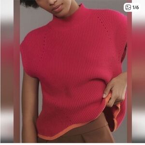 Anthropologie Maeve Fuchsia Knit Top Wool Blend Sleeveless Mock Neck Scalloped